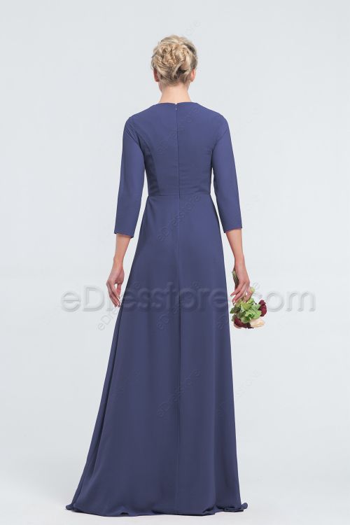 Modest LDS Ruched Slate Blue Bridesmaid Dresses with Sleeves