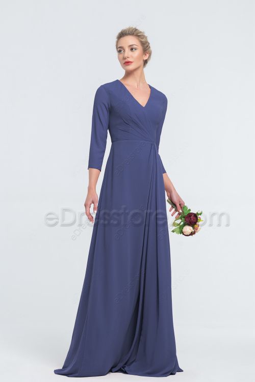 Modest LDS Ruched Slate Blue Bridesmaid Dresses with Sleeves