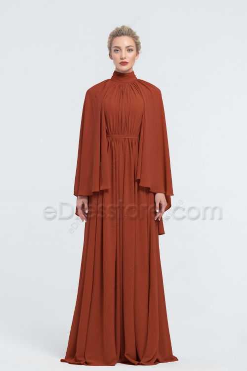 Modest LDS Rust Colored Bridesmaid Dresses Long Sleeves