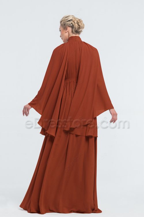 Modest LDS Rust Colored Bridesmaid Dresses Long Sleeves
