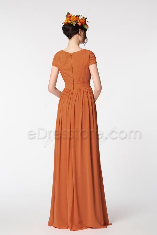 Modest LDS Rust Orange Bridesmaid Dresses Cap Sleeves