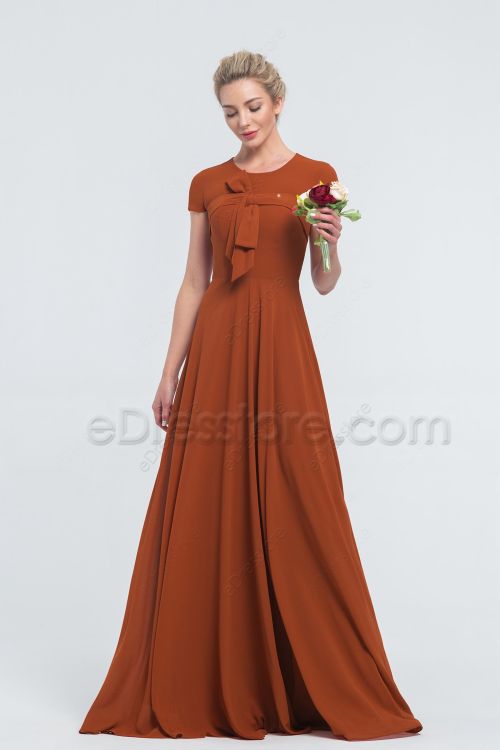 Modest LDS Rust Orange Bridesmaid Dresses with Sleeves
