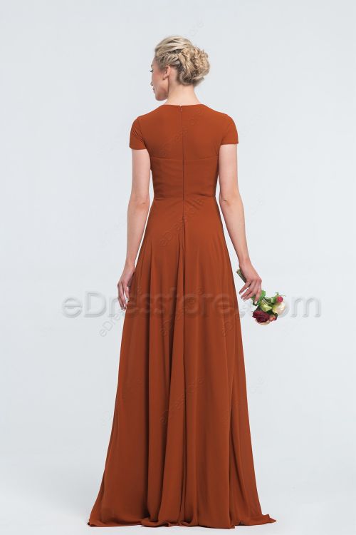 Modest LDS Rust Orange Bridesmaid Dresses with Sleeves