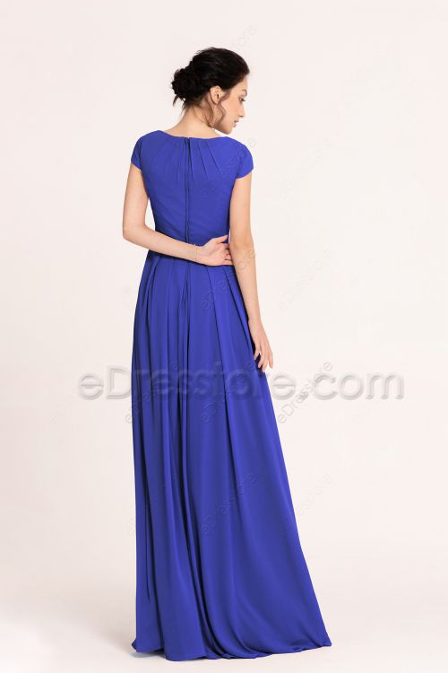 Modest LDS Sapphire Blue Bridesmaid Dresses Cap Sleeves