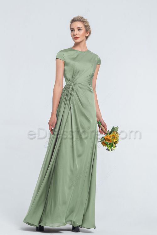 Modest LDS Satin Dusty Sage Green Bridesmaid Dresses Cap Sleeves