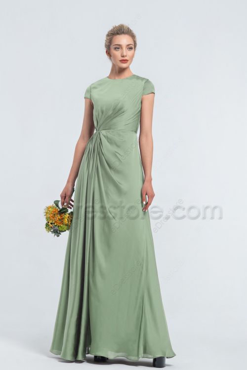 Modest LDS Satin Dusty Sage Green Bridesmaid Dresses Cap Sleeves