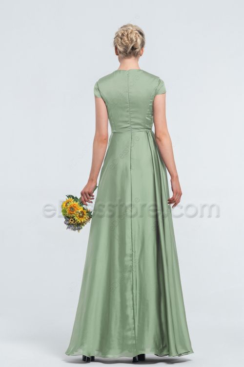 Modest LDS Satin Dusty Sage Green Bridesmaid Dresses Cap Sleeves