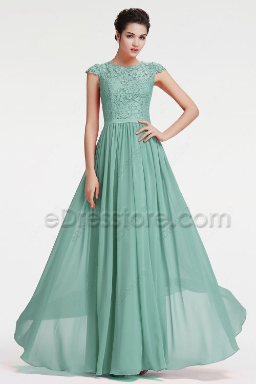 Modest LDS Sea Foam Green Bridesmaid Dresses Long