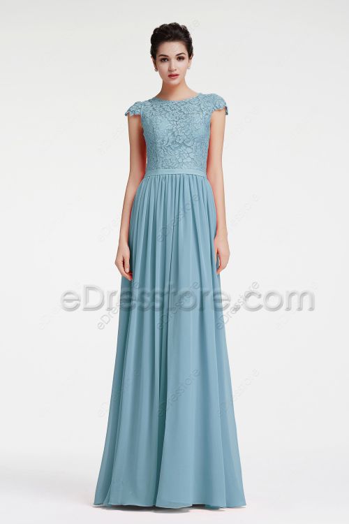 Modest LDS Sea Glass Blue Bridesmaid Dresses