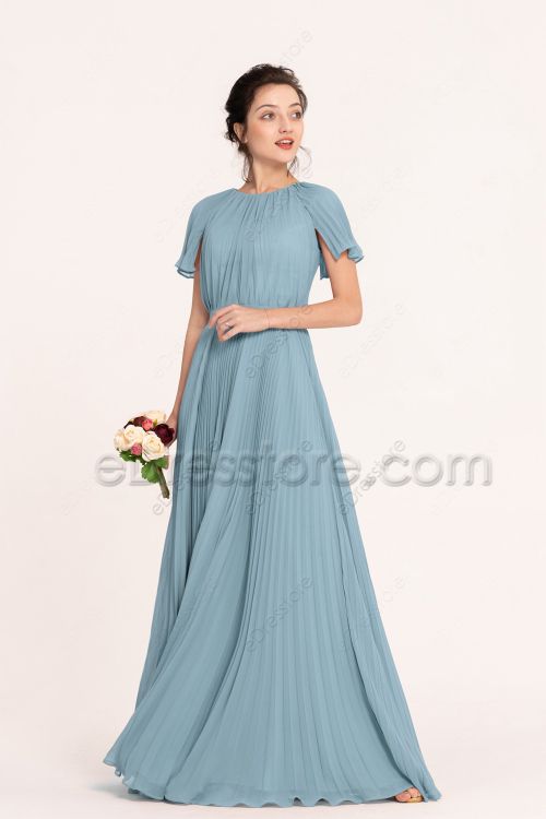 Modest LDS Sea Glass Blue Bridesmaid Dresses with Sleeves