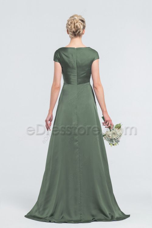 Modest LDS Simple Moss Green Satin Bridesmaid Dresses