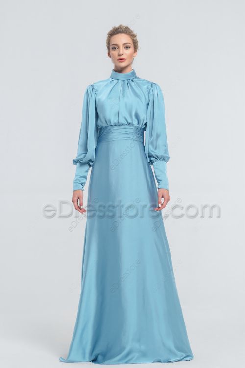 Modest LDS Sky Blue Satin Bridesmaid Dresses Long Sleeves