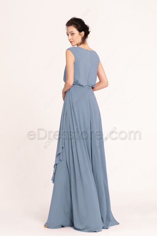 Modest LDS Steel Blue Bridesmaid Dress Popover Top | eDresstore