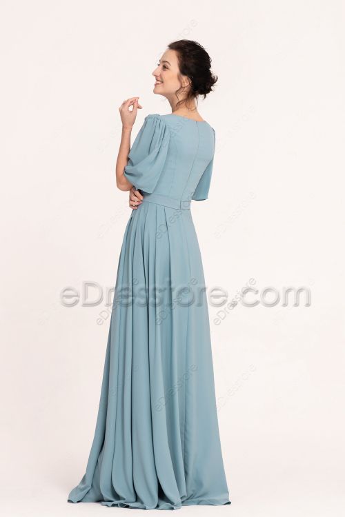 Modest LDS Steel Blue Bridesmaid Dress with Sleeves