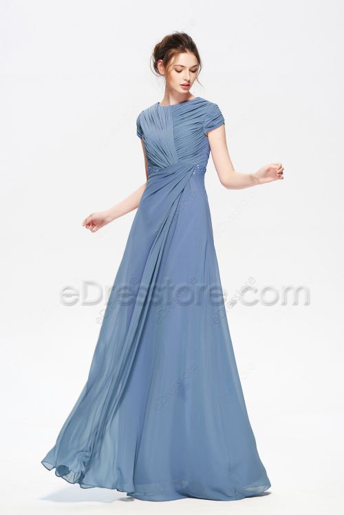 Modest LDS Steel Blue Bridesmaid Dresses