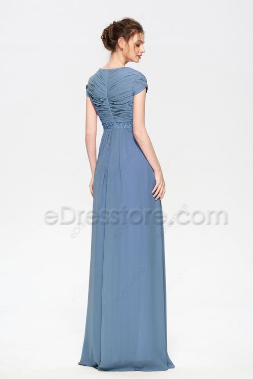 Modest LDS Steel Blue Bridesmaid Dresses