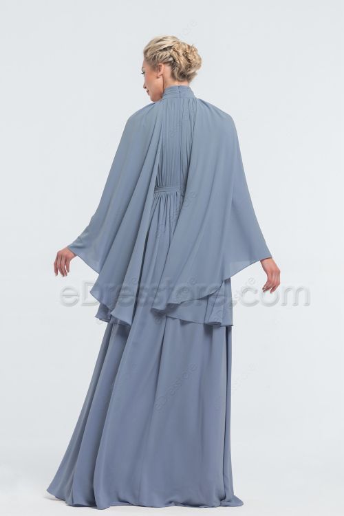 Modest LDS Steel Blue Bridesmaid Dresses Long Sleeves