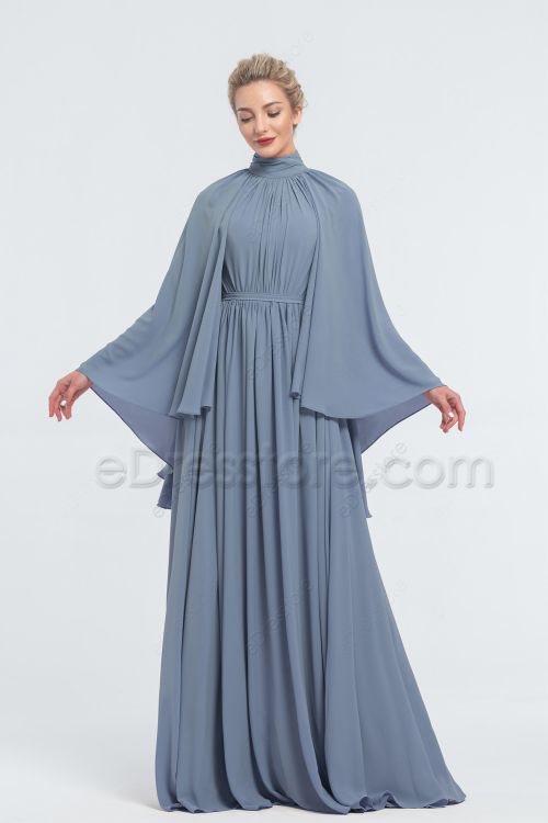 Modest LDS Steel Blue Bridesmaid Dresses Long Sleeves