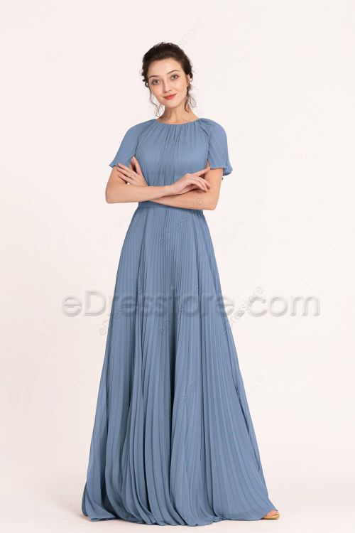 Modest LDS Steel Blue Bridesmaid Dresses Overall Pleating