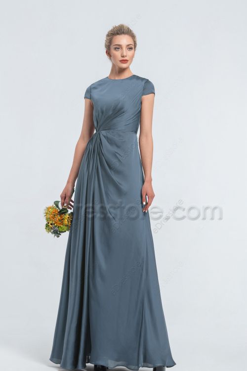 Modest LDS Steel Blue Satin Bridesmaid Dresses