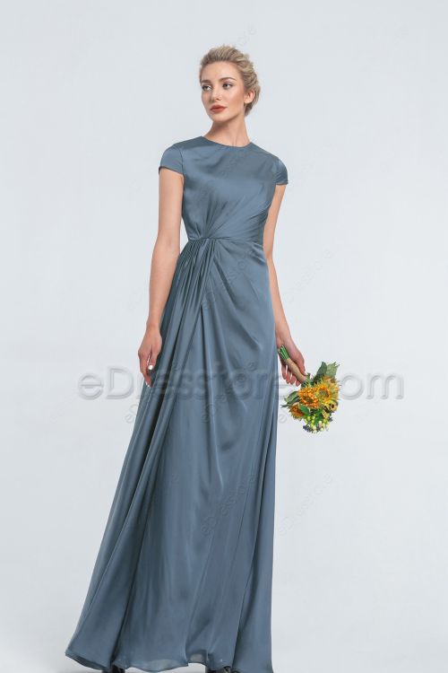 Modest LDS Steel Blue Satin Bridesmaid Dresses