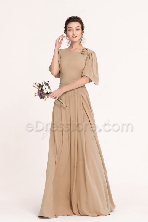 Modest LDS Tan Color Bridesmaid Dresses with Sleeves