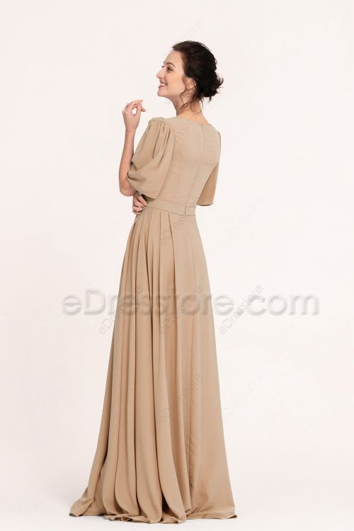 Modest LDS Tan Color Bridesmaid Dresses with Sleeves