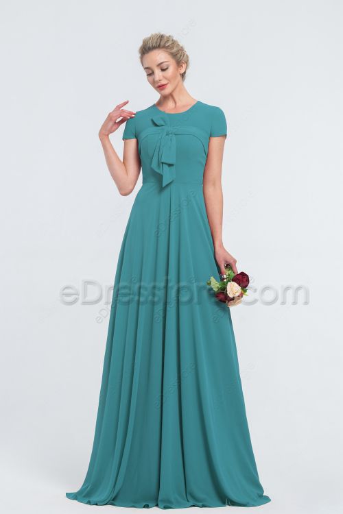 Modest LDS Turquoise Bridesmaid Dresses Cap Sleeves
