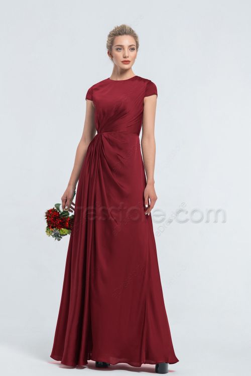 Modest LDS Wine Red Satin Bridesmaid Dresses