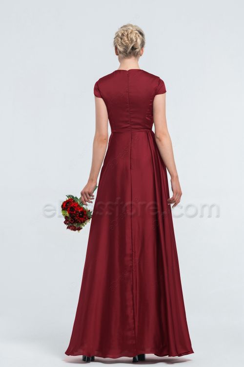 Modest LDS Wine Red Satin Bridesmaid Dresses