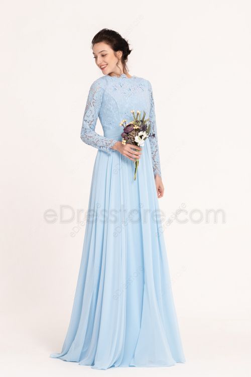 Modest Light Blue Bridesmaid Dresses Long Sleeves