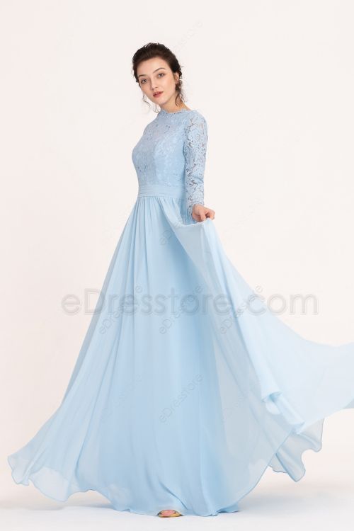 Modest Light Blue Bridesmaid Dresses Long Sleeves