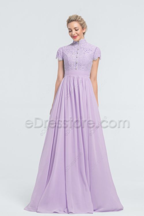 Modest Lilac Bridesmaid Dresses Cap Sleeves