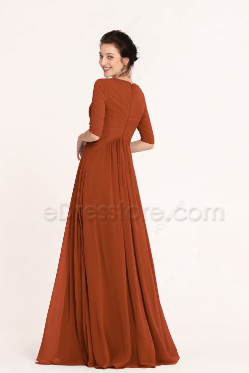 Modest LSD Rust Colored Maternity Bridesmaid Dress Elbow Sleeves