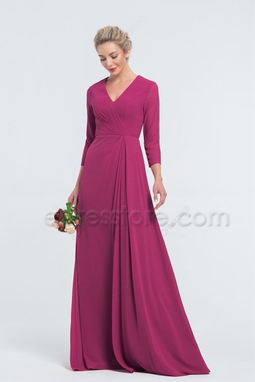 Modest Magenta Bridesmaid Dresses with Sleeves