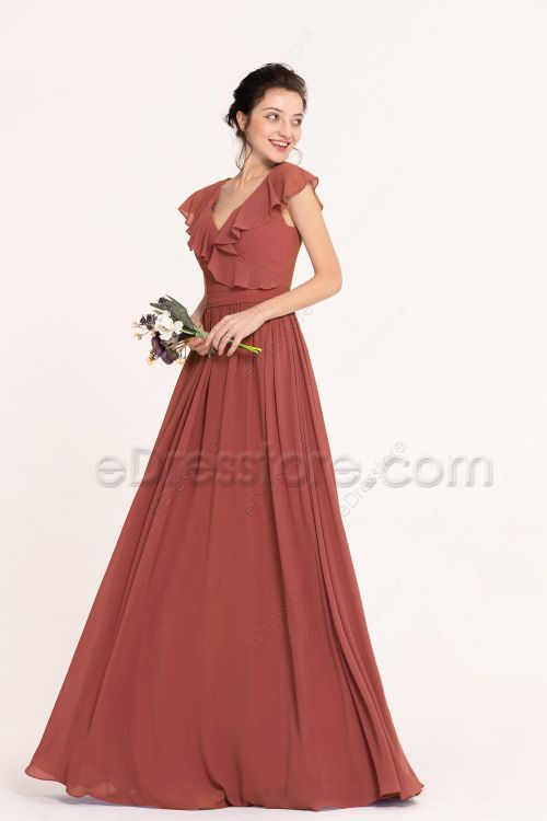 Modest Mahogany Bridesmaid Dresses with Flounce Cap Sleeves