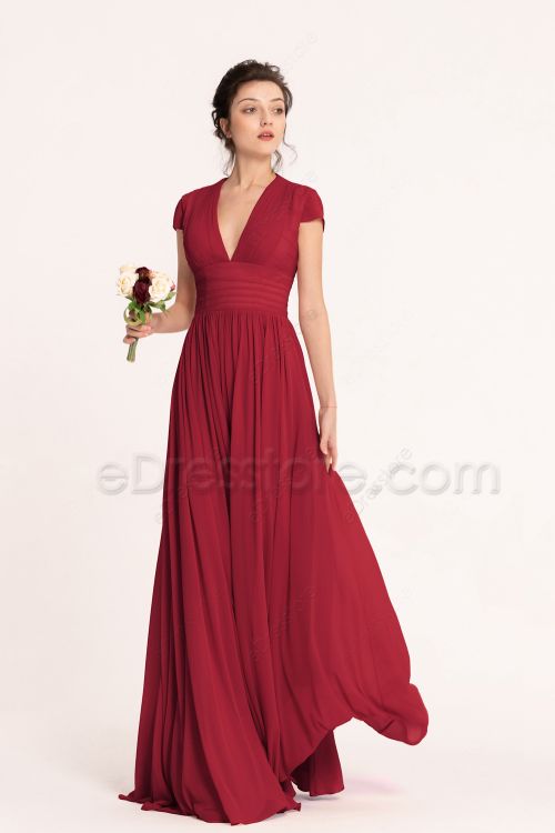 Modest Maroon Bridesmaid Dresses Cap Sleeves