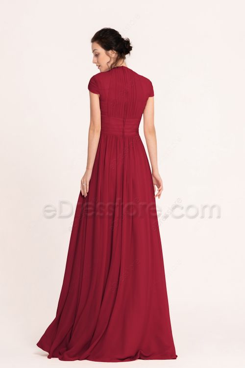 Modest Maroon Bridesmaid Dresses Cap Sleeves