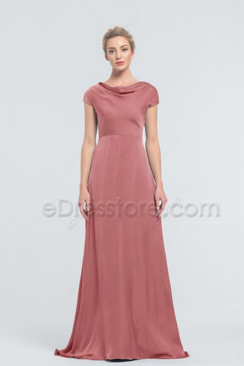 Modest Minimalist Cinnamon Rose Satin Bridesmaid Dresses with Pockets