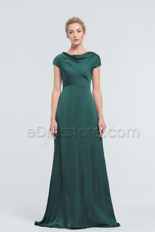Modest Minimalist Dark Emerald Satin Bridesmaid Dresses Cowl Neck