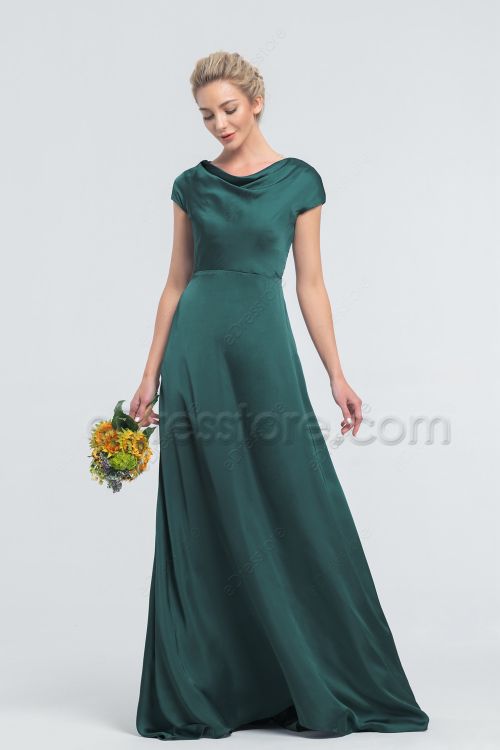 Modest Minimalist Dark Emerald Satin Bridesmaid Dresses Cowl Neck