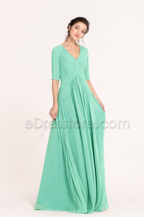 Modest Mint Green Maternity Bridesmaid Dresses with Sleeves