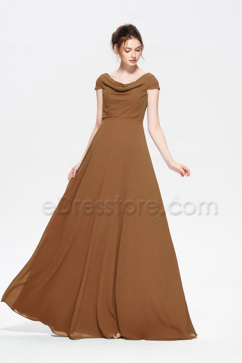 Modest Mocha Brown Bridesmaid Dresses with Cowl Neck