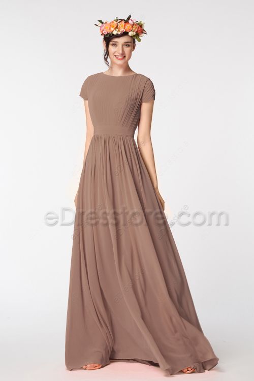 Modest Mocha Ruched Bridesmaid Dresses Cap Sleeves