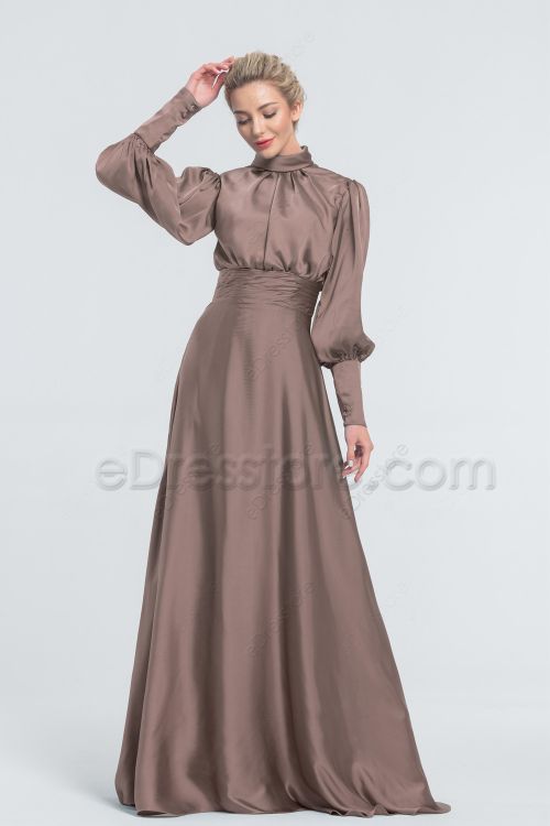 Modest Mocha Satin Bridesmaid Dresses Long Sleeves