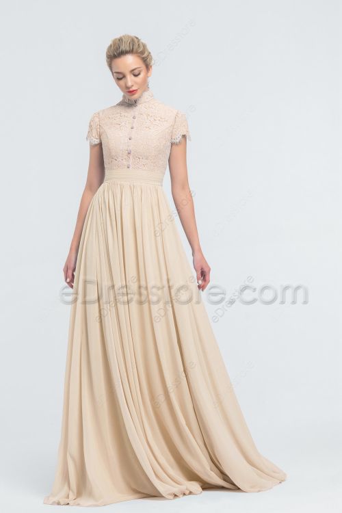 Modest Mock Neck Lace Champagne Bridesmaid Dresses Cap Sleeves