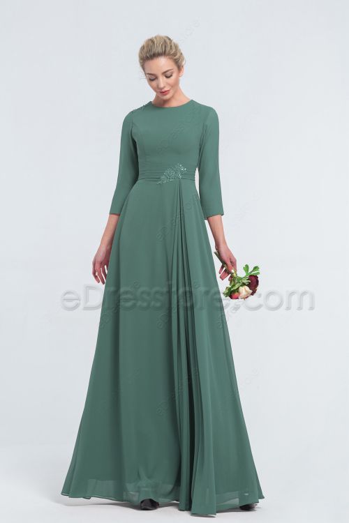 Modest Mormon Beaded Eucalyptus Green Bridesmaid Dresses with Sleeves