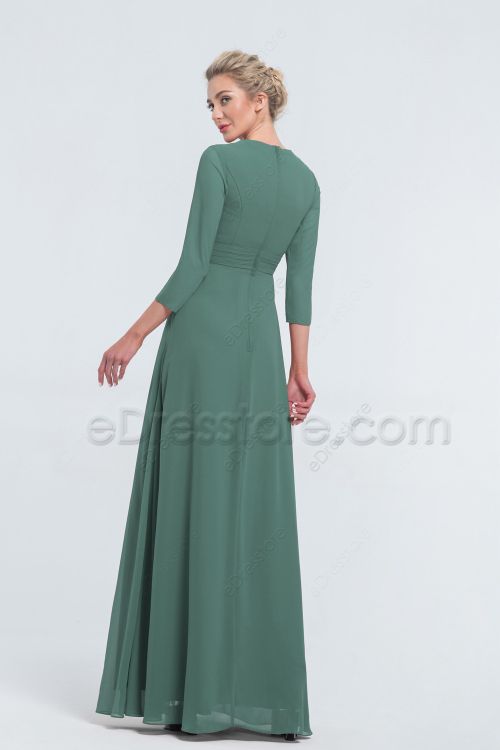 Modest Mormon Beaded Eucalyptus Green Bridesmaid Dresses with Sleeves