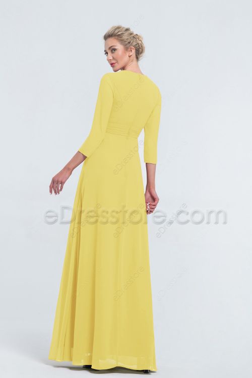 Modest Mormon Beaded Light Yellow Bridesmaid Dresses with Sleeves