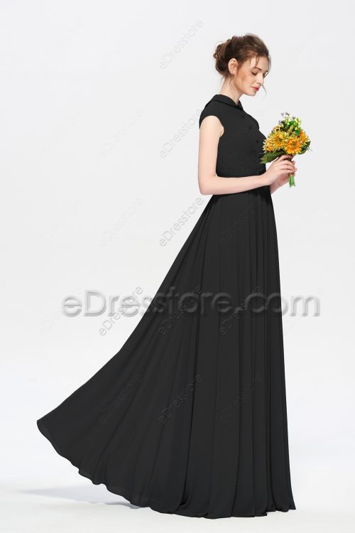 Modest Mormon Black Bridesmaid Dresses Long